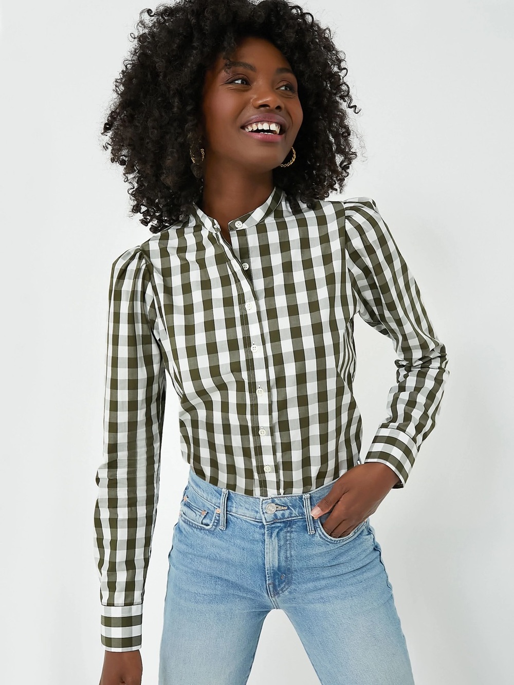 The Shirt Rochelle Behrens Black White Gingham Puff Shoulder No-Gape Button XL